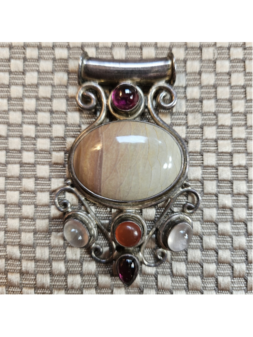Sterling Silver Pendant Banded Agate Red Garnets Carnelian Moonstone